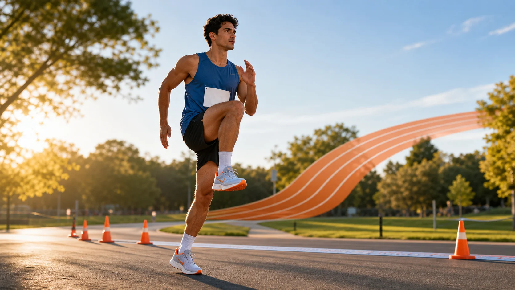 Runner doing dynamic warm-up drills near a road race start line