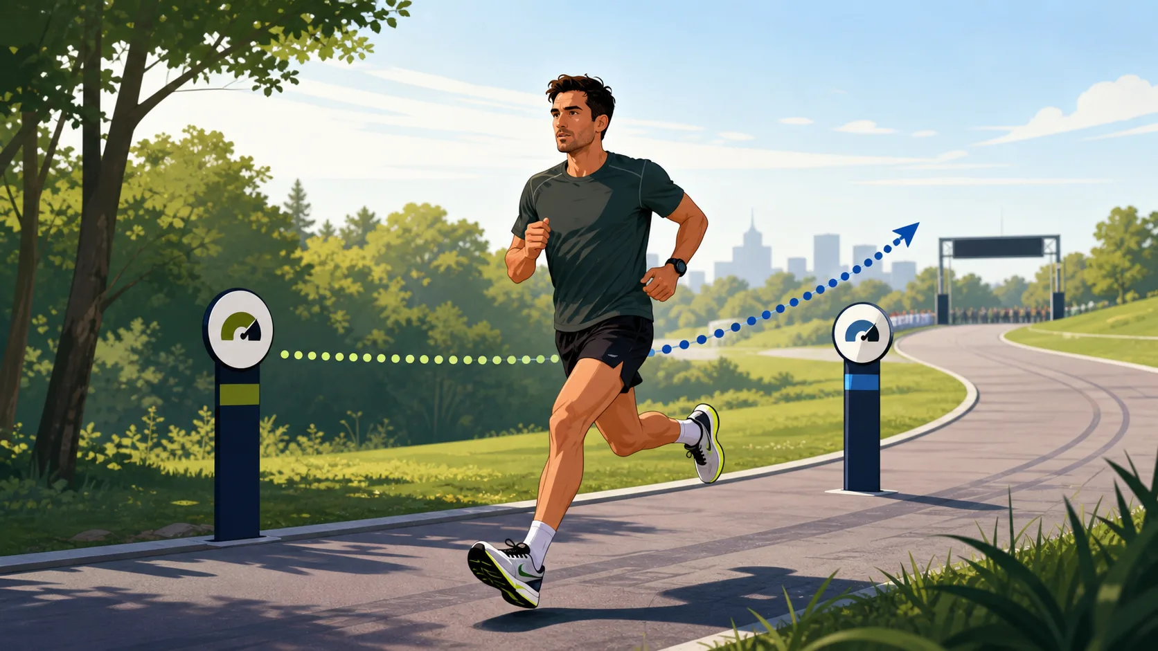 Illustration of a runner pacing a race with controlled split markers