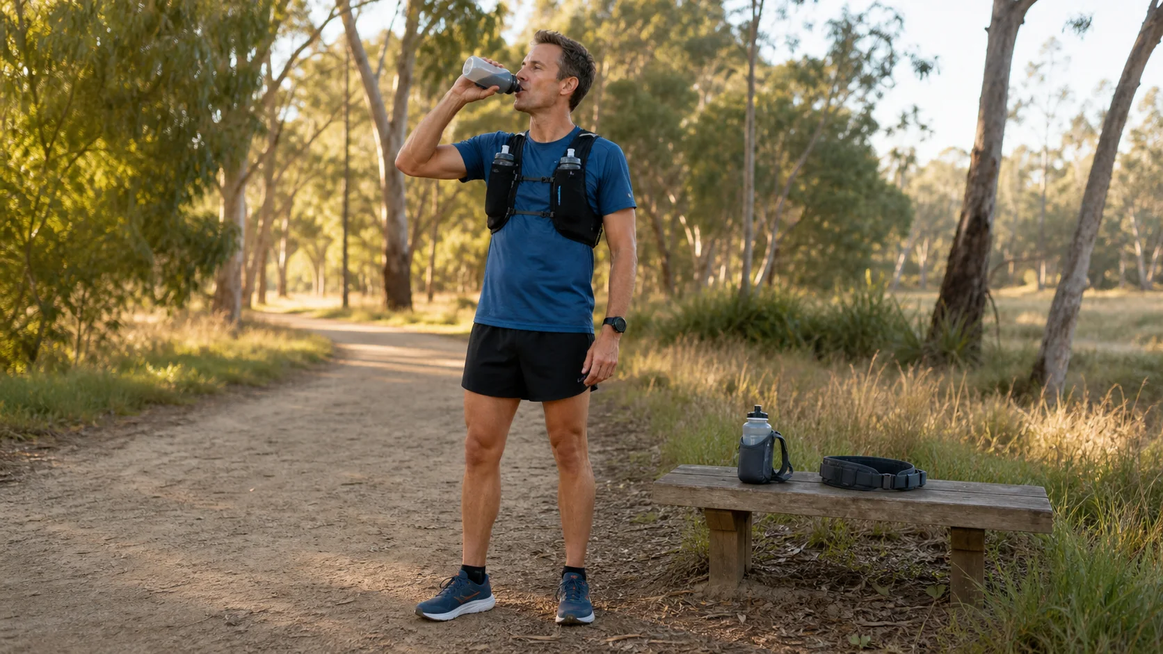 Runner drinking from a soft flask while wearing a hydration vest beside a trail, with a handheld bottle and belt nearby