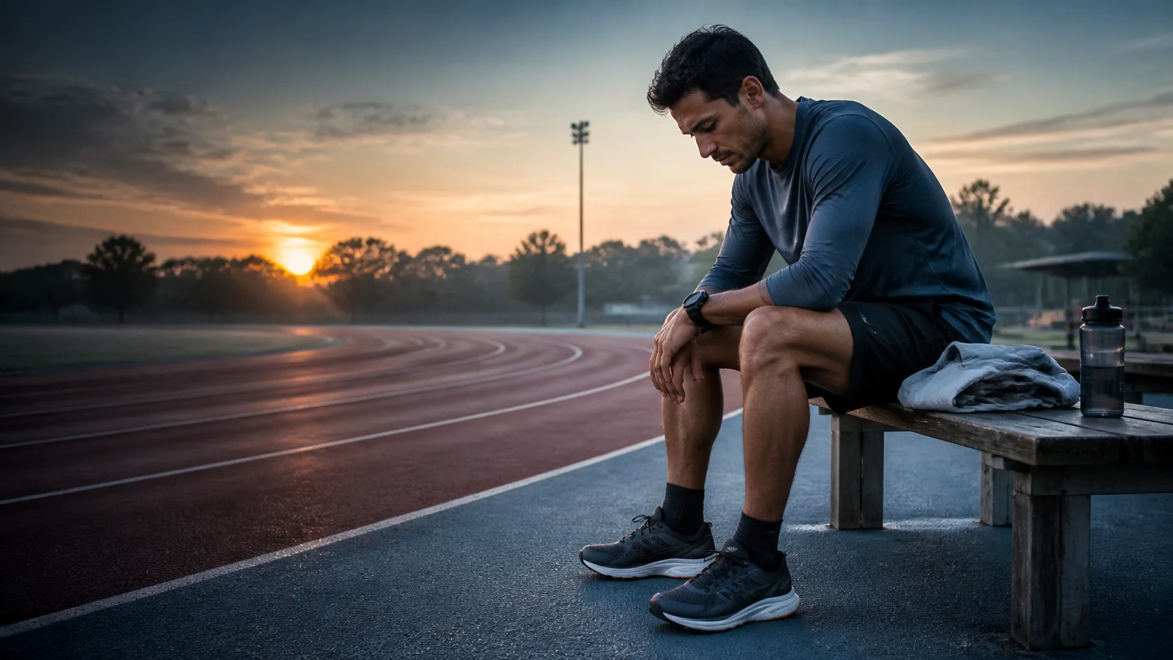Tired runner resting beside an athletics track at dawn