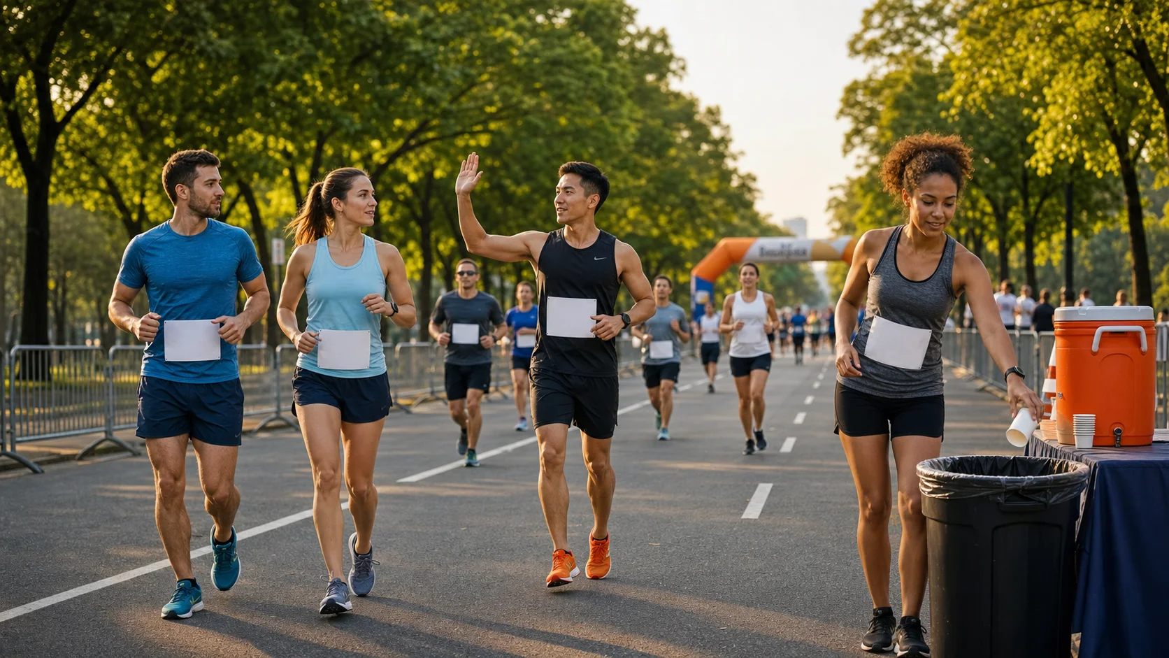 Runners leaving passing space and disposing of a cup at a road-race aid station