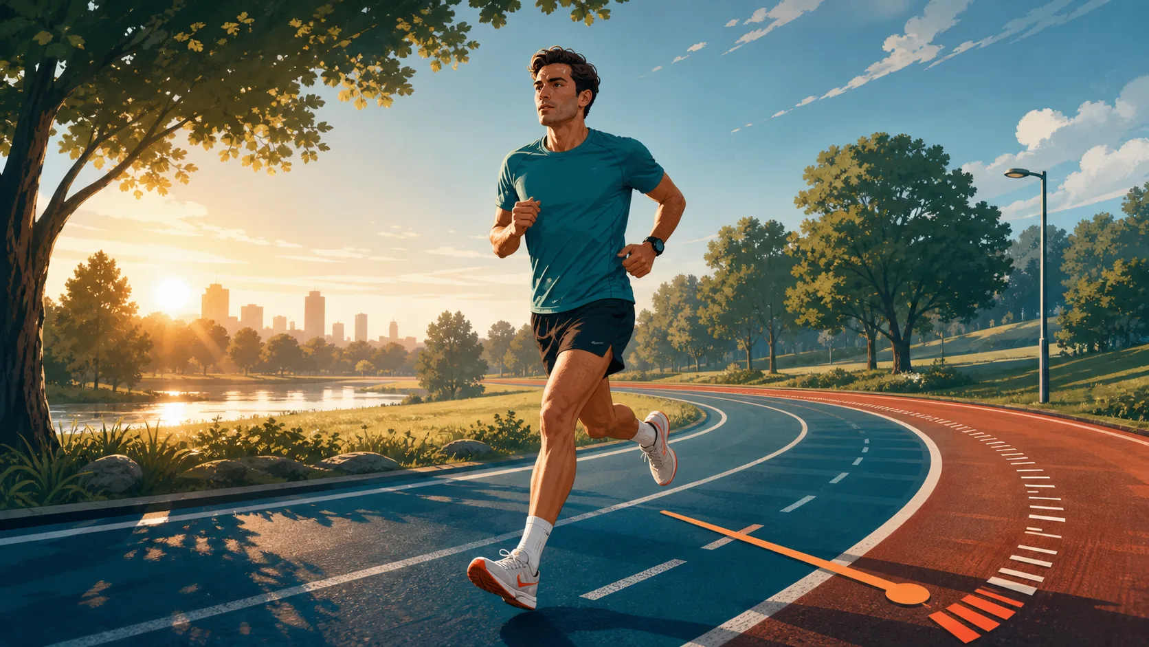 Illustration of a runner holding a steady tempo effort on a park track