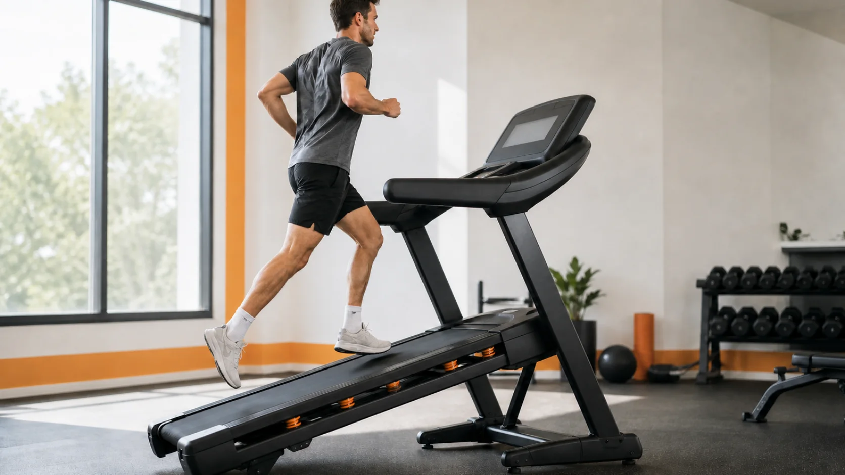 Runner using a raised treadmill deck for an incline workout