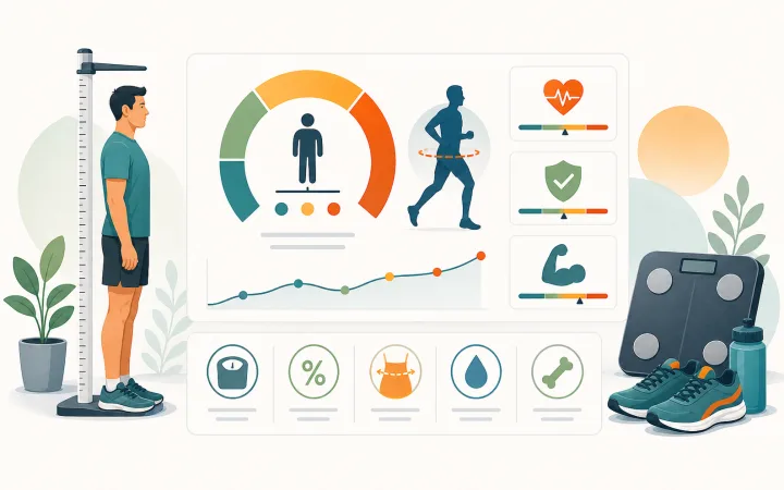 Illustration of a scale, height ruler, runner silhouette, and health metric panels