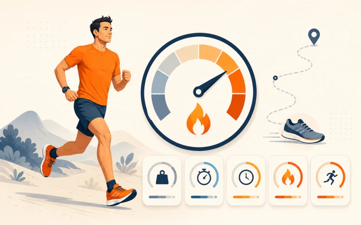 Illustration of a runner beside an energy gauge and calorie metrics