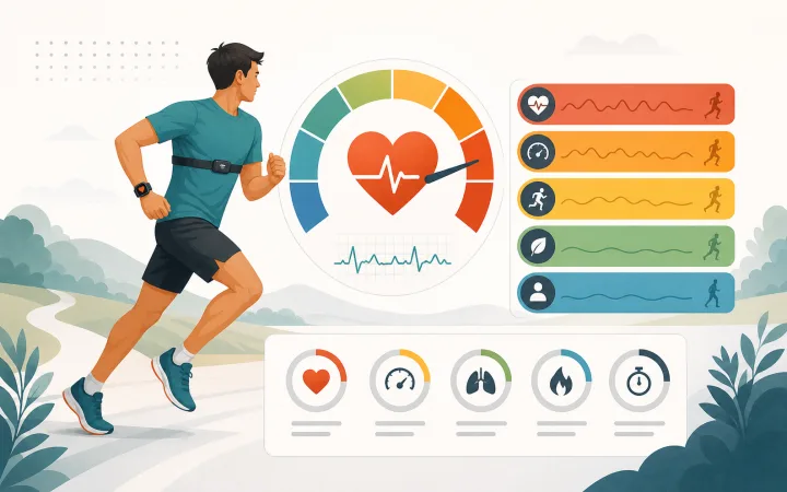 Illustration of a running watch, heart pulse, and intensity zone bands