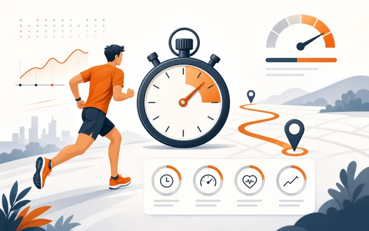 Illustration of a runner, stopwatch, route line, and pace dashboard