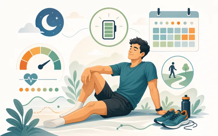 Illustration of running shoes, recovery battery, sleep moon, and rest calendar