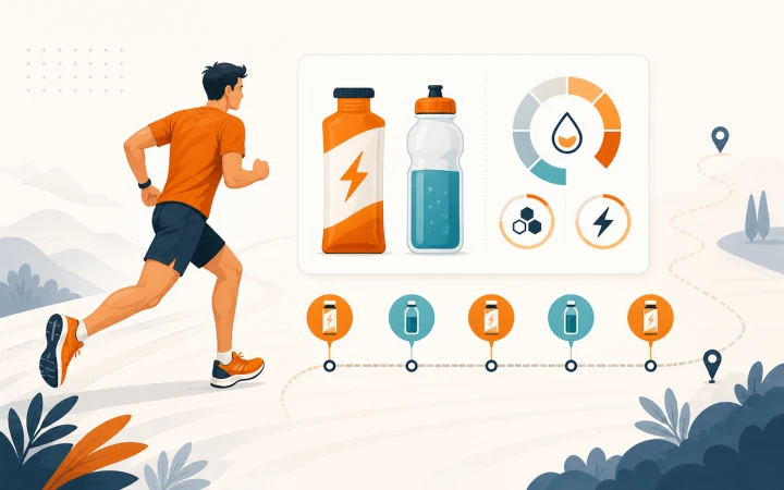 Illustration of a runner beside sports fuel, drink, and timed intake markers