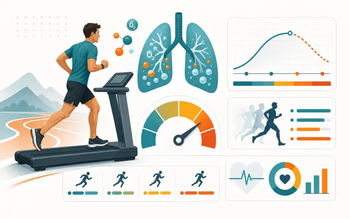 Illustration of a runner, lungs, oxygen markers, and fitness gauge