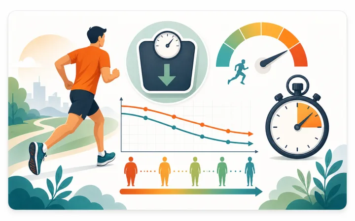 Illustration of a runner, scale, pace gauge, finish clock, and performance curve