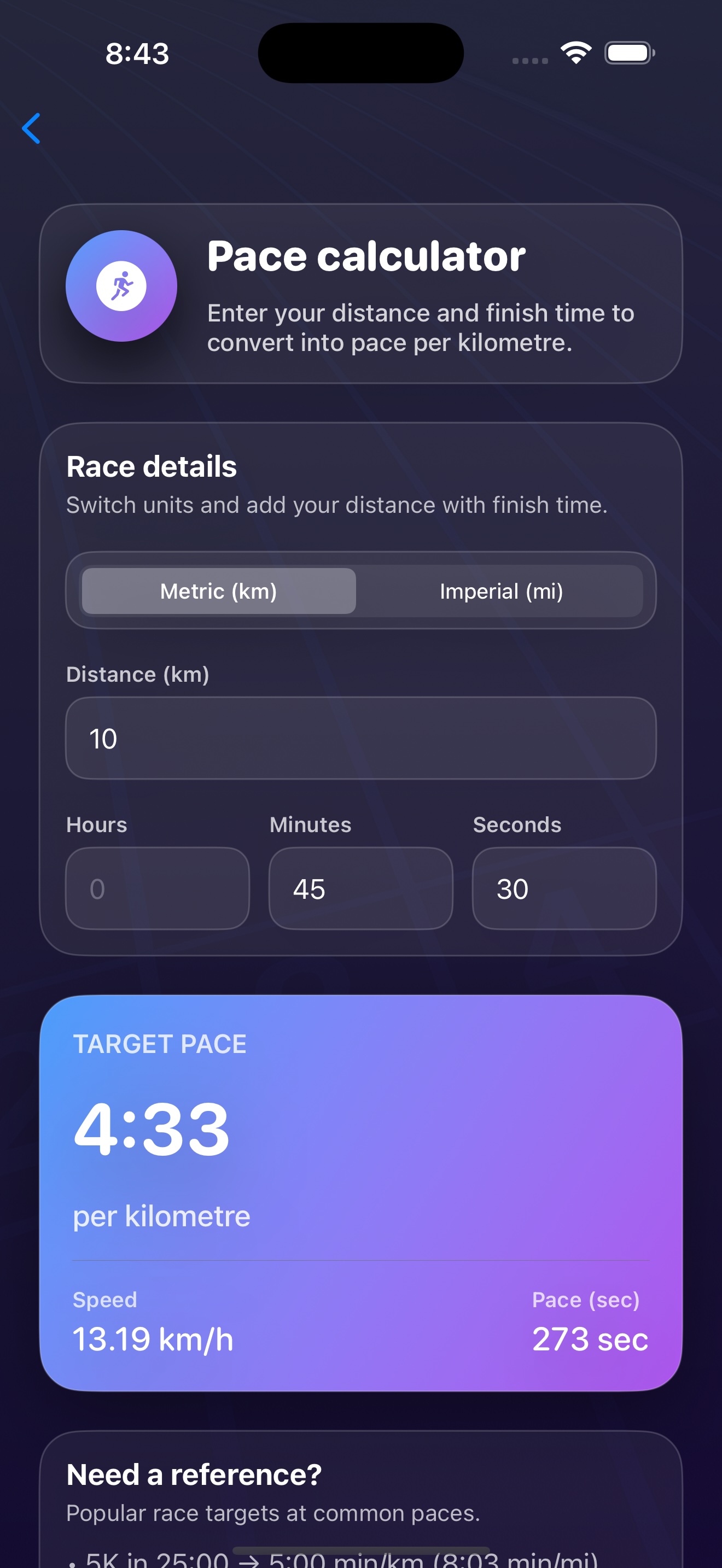 Pace calculator screen with adjustable distance and finish time.