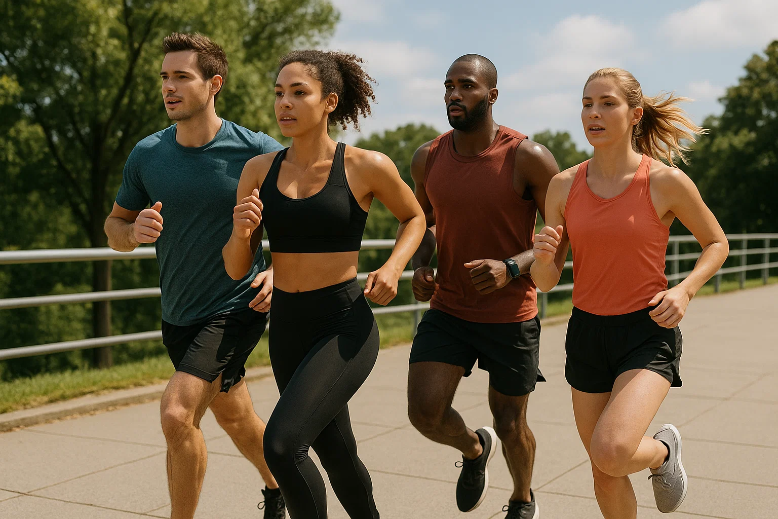 Group of runners training on a track